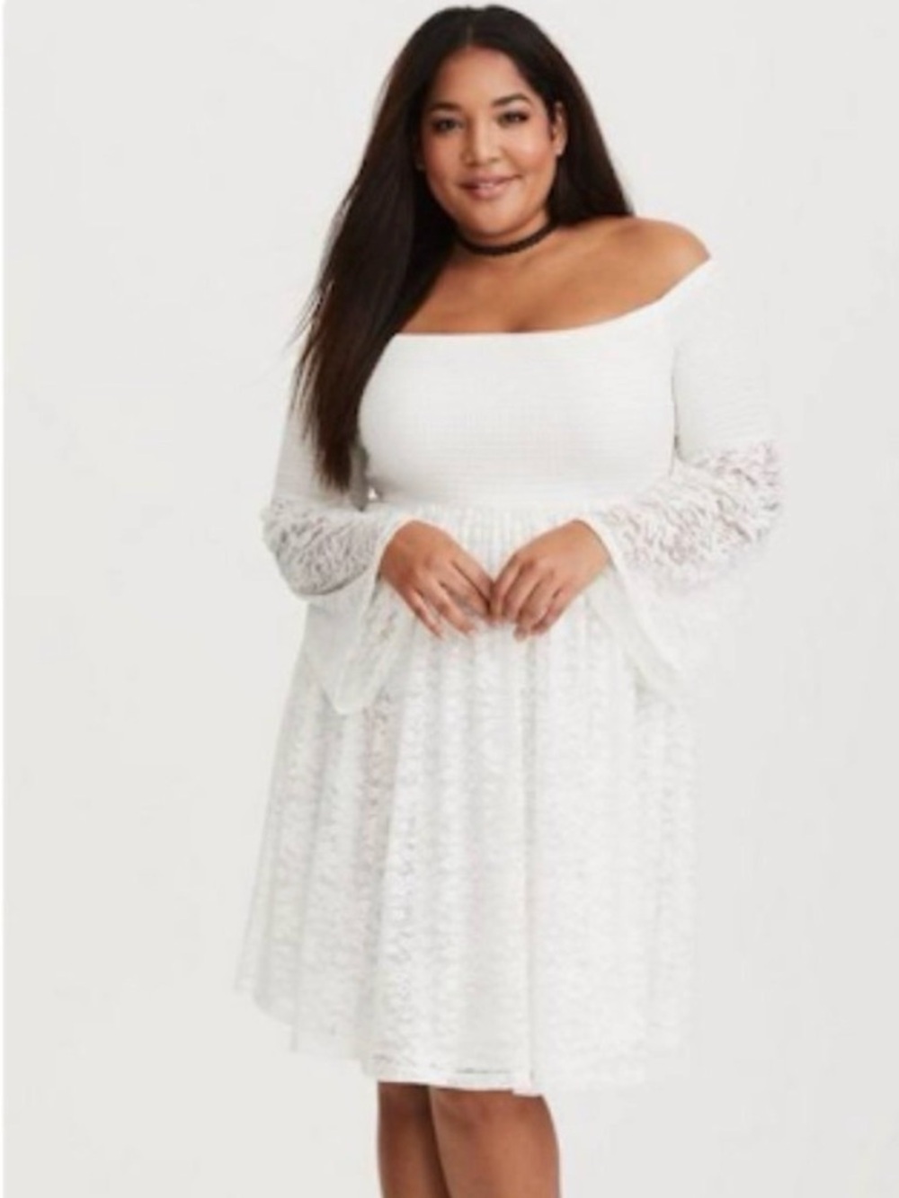 torrid White Off-Shoulders Lace Fit-and-Flare Dress with long bell lace sleeves